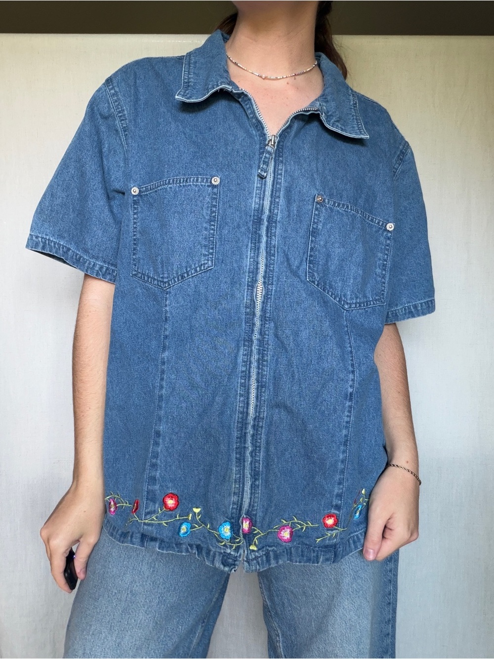 vintage 90s butter mom denim floral embroidered zip up short sleeve shirt XL
